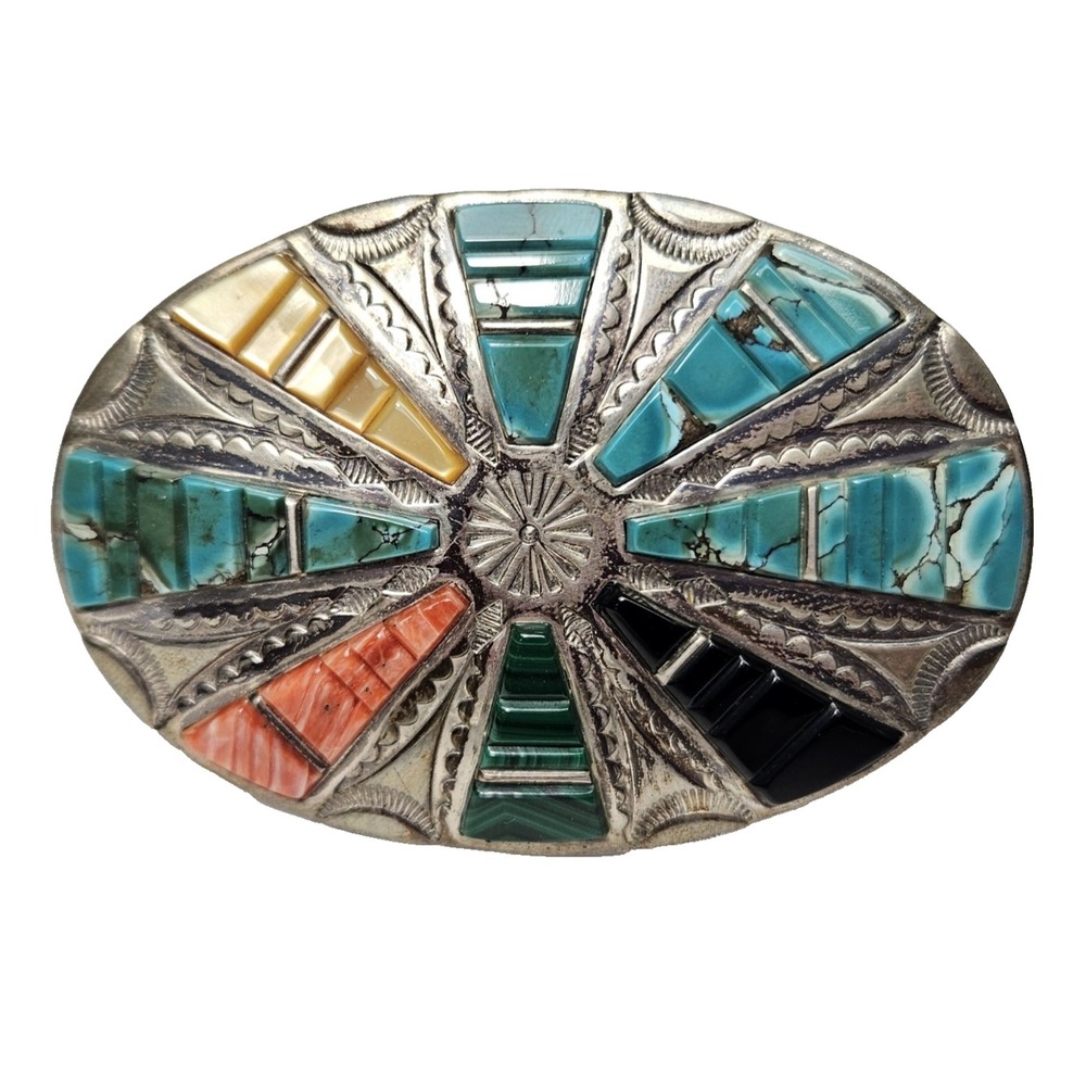 Danny Clark Sterling Silver Belt Buckle Navajo NA Turquoise Handmade Stamped 53g